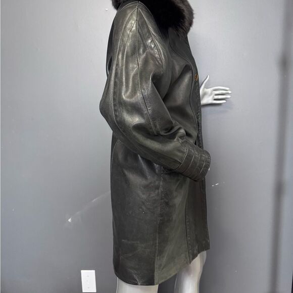 Black Leather Fur-Trim Trench Coat W/ Gold Buttons - Picture 8 of 15